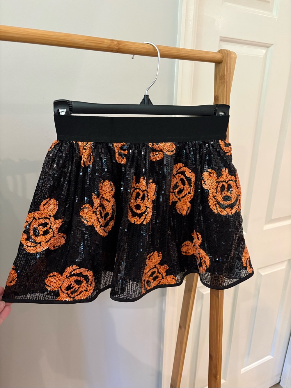 Disney Parks Black Sequin Mini Skirt with Orange Mickey Pumpkin Motif
